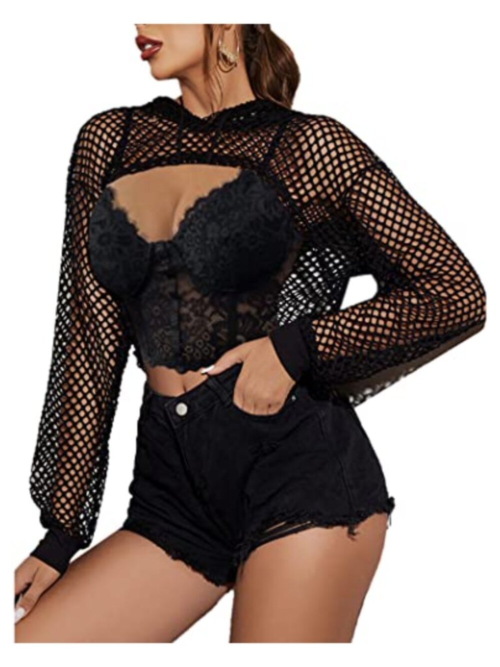 Mesh Hoodie Crop Top Fishnet Long Sleeve Shirt Loose Fit Summer Festival